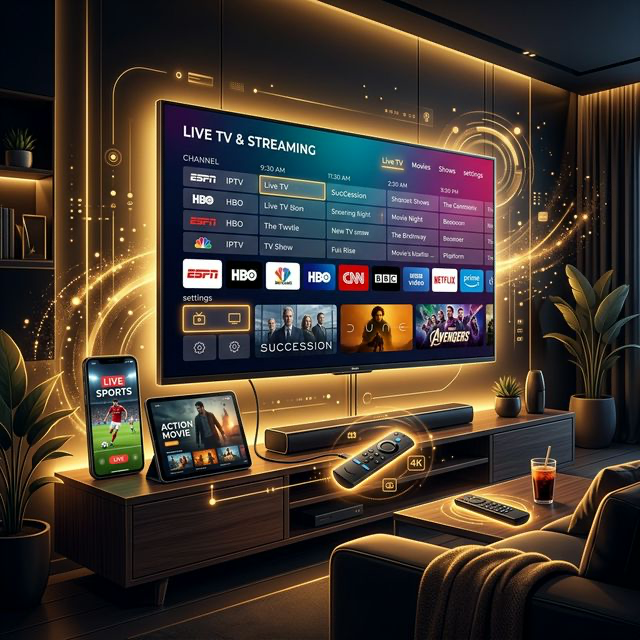 Best IPTV apps displayed across multiple streaming devices including smart TV, tablet, and smartphone